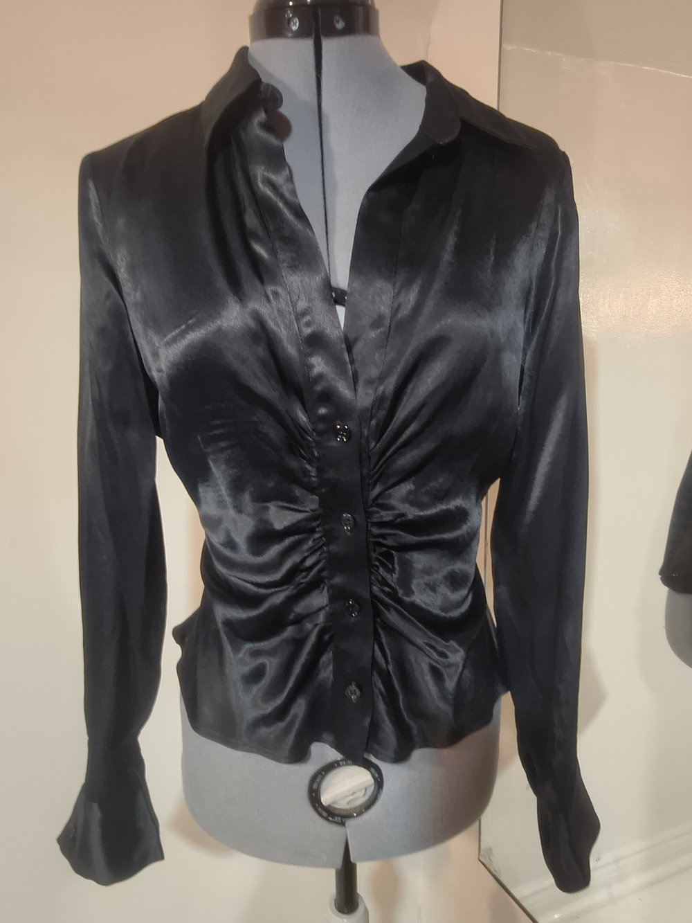 Zara Black Satin Ruched Button-Down Shirt